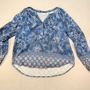 Time and Tru Women's Blue Floral Print Long Sleeve Button-Up Blouse Size L, Soft